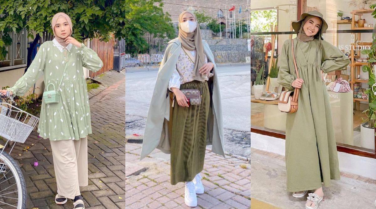 The Inspiration of Aesthetic Sage Green Hijab OOTD in the style of Richa Etika